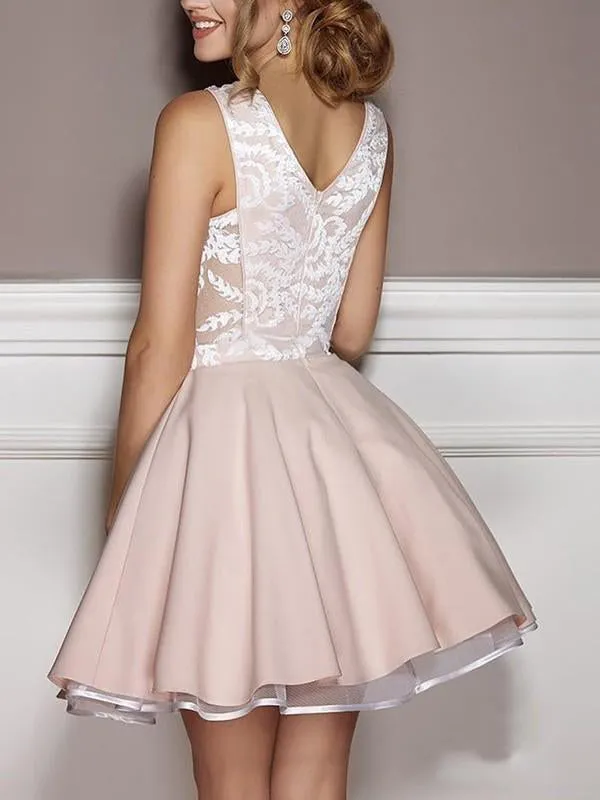 Pink Appliqued A Line Homecoming Dress V Neck Short Hoco Dress OKO9