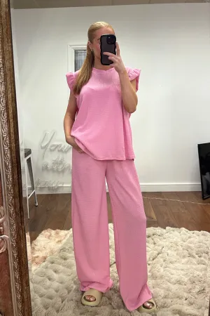 Pink Round Neck Frill Sleeve Top & Straight Leg Trousers Co-ord Set - Ruby