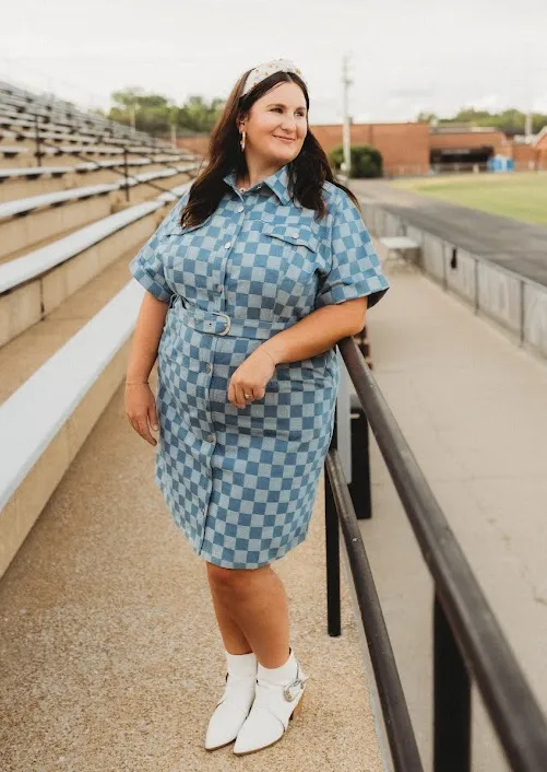 Plus Button Down Checkered Denim Midi Dress