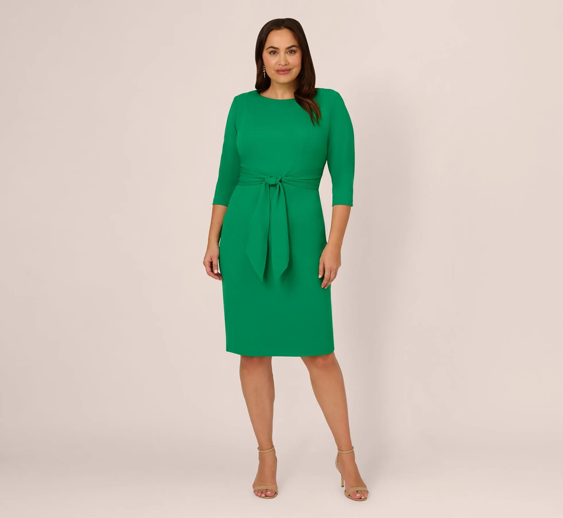 Plus Size Knit Crepe Bow Sheath Dress With Three Quarter Sleeves In Vivid Green