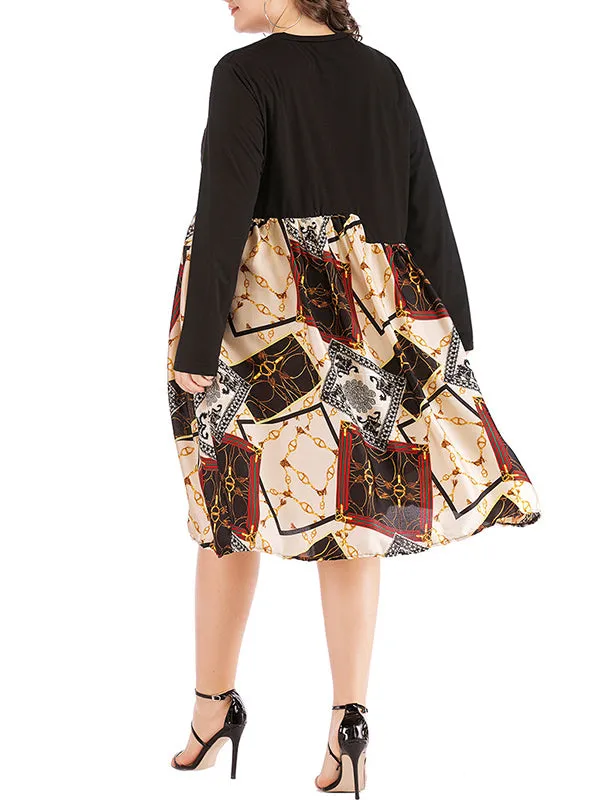 Plus Size Printed Color Dress With Long Sleeves