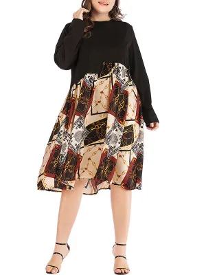 Plus Size Printed Color Dress With Long Sleeves