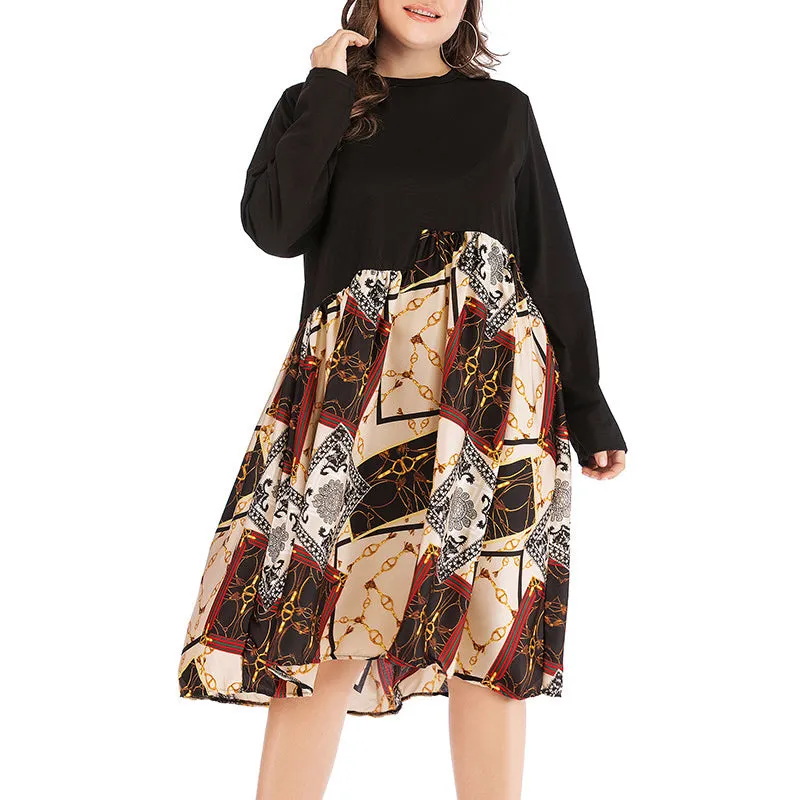 Plus Size Printed Color Dress With Long Sleeves