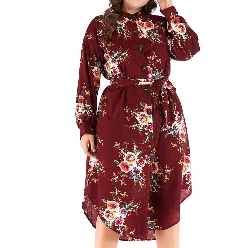 Plus Size Round Neck Button Waist Print Dress