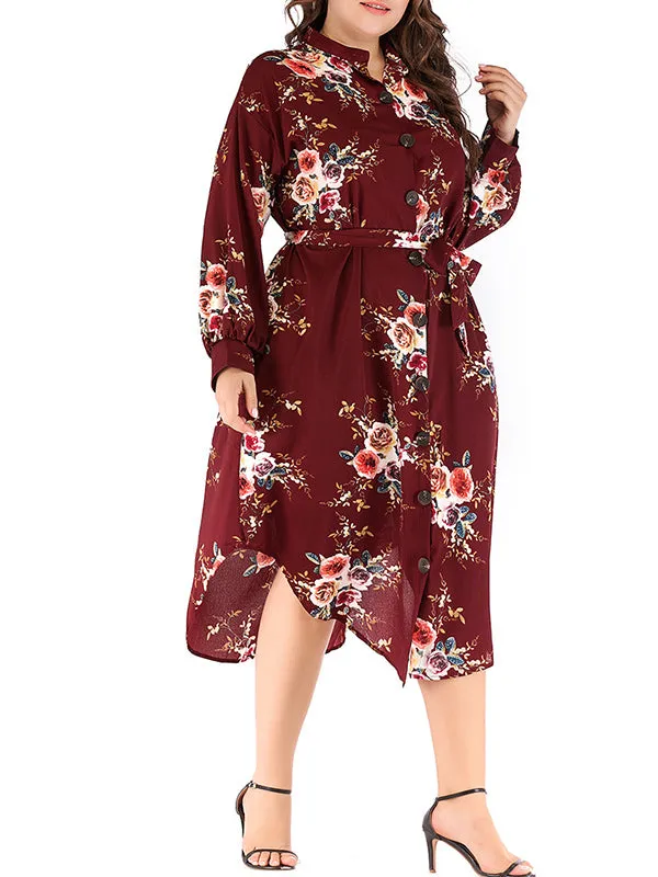 Plus Size Round Neck Button Waist Print Dress