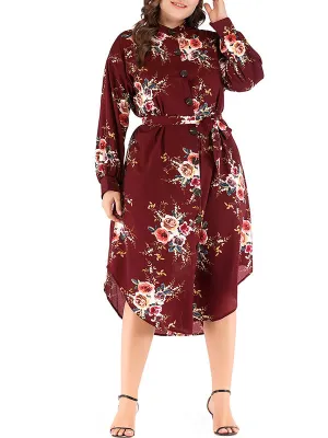 Plus Size Round Neck Button Waist Print Dress