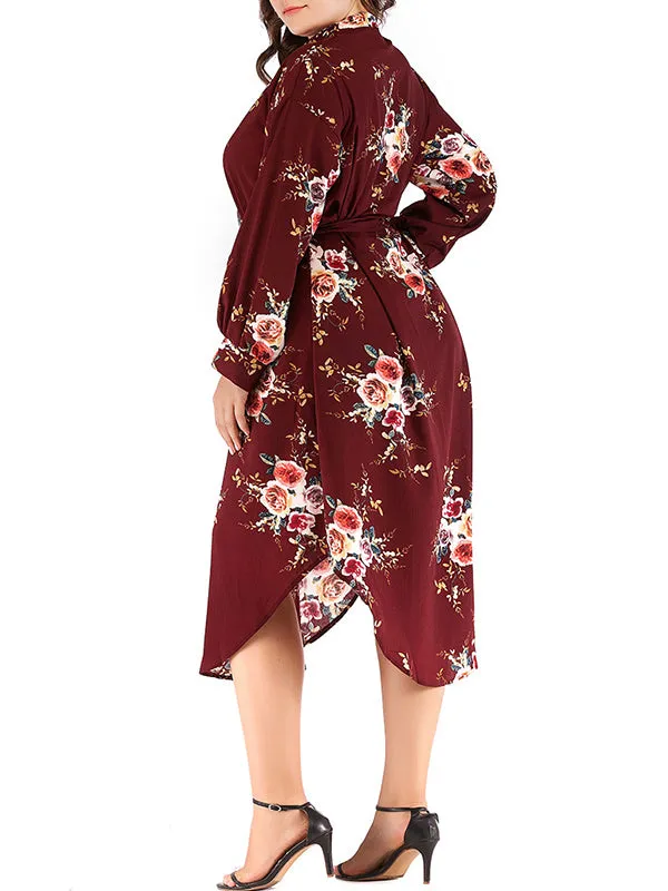 Plus Size Round Neck Button Waist Print Dress