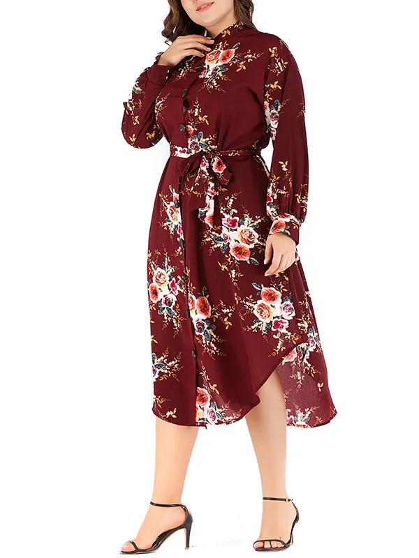 Plus Size Round Neck Button Waist Print Dress