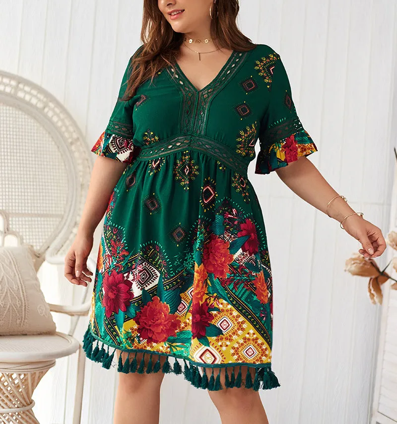 Plus Size V-neck Printed Bohemian Holiday Dress