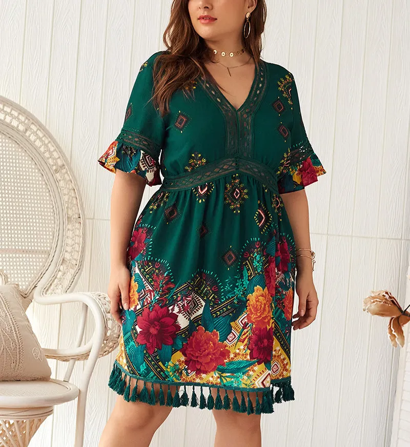 Plus Size V-neck Printed Bohemian Holiday Dress