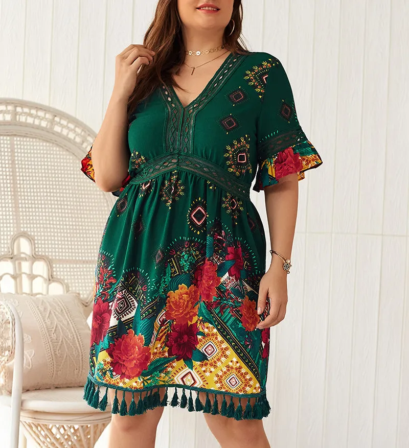Plus Size V-neck Printed Bohemian Holiday Dress