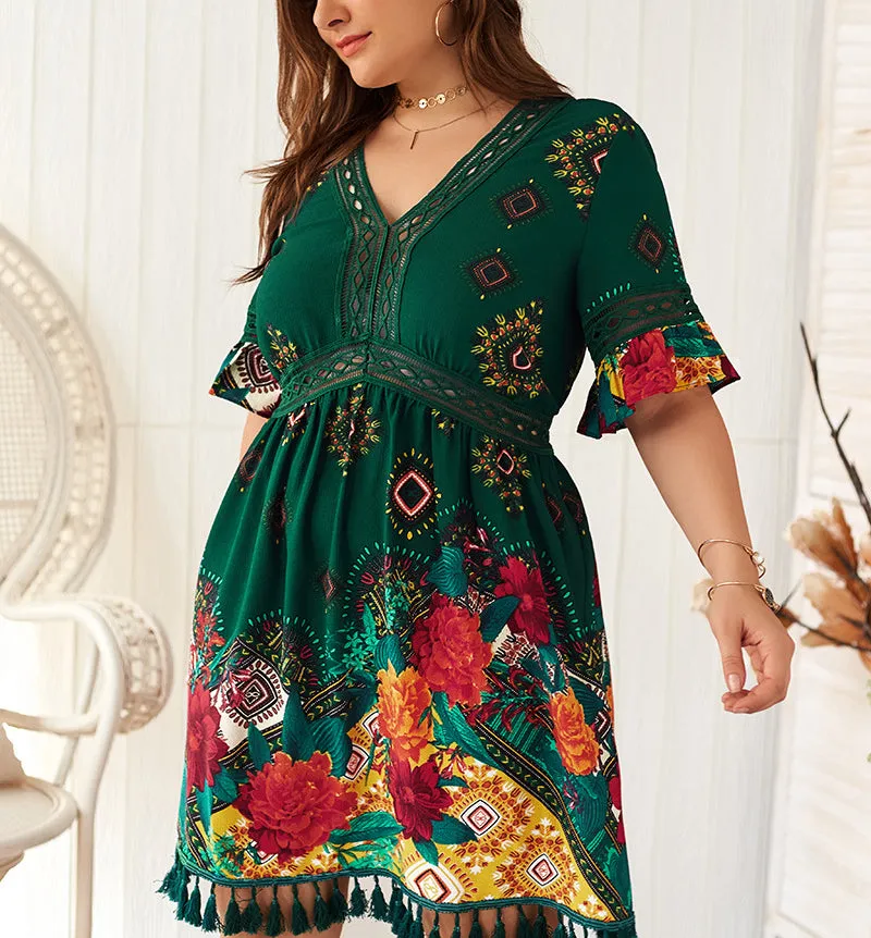 Plus Size V-neck Printed Bohemian Holiday Dress