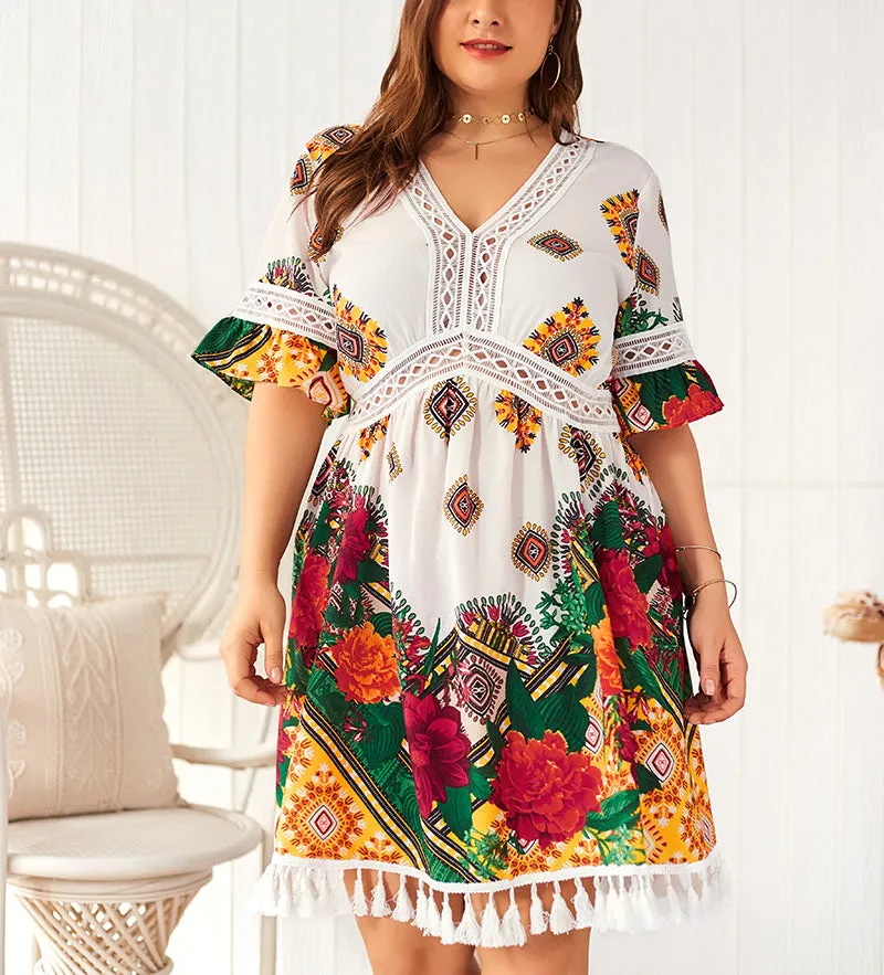 Plus Size V-neck Printed Bohemian Holiday Dress