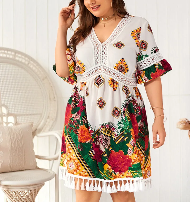 Plus Size V-neck Printed Bohemian Holiday Dress