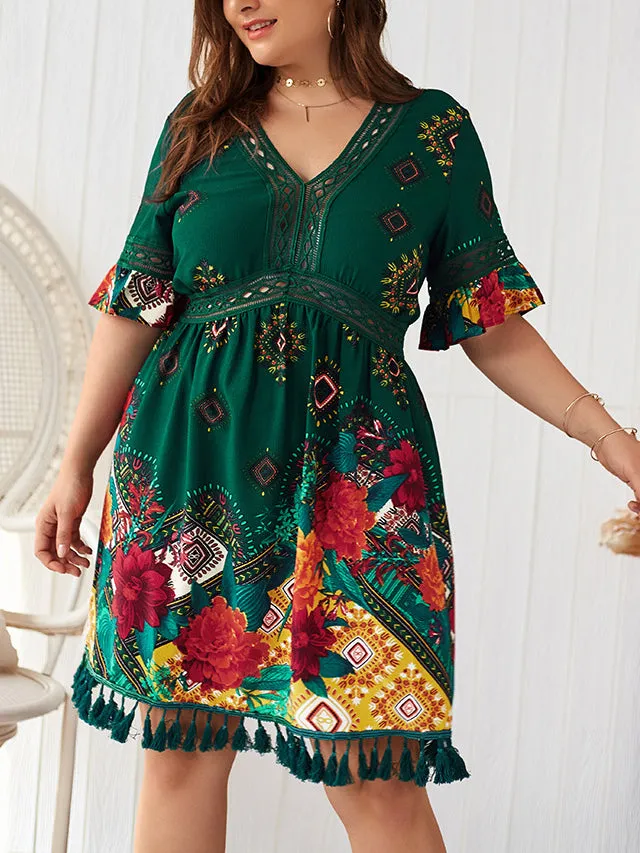 Plus Size V-neck Printed Bohemian Holiday Dress