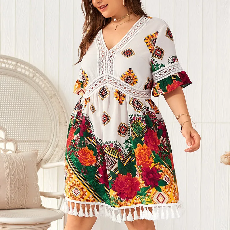 Plus Size V-neck Printed Bohemian Holiday Dress
