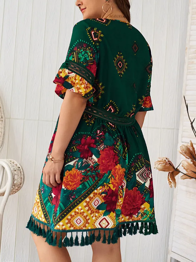 Plus Size V-neck Printed Bohemian Holiday Dress