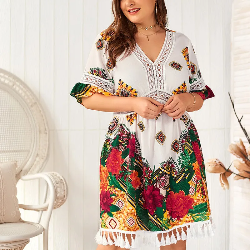 Plus Size V-neck Printed Bohemian Holiday Dress