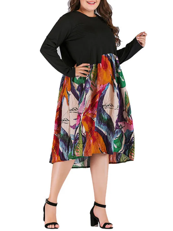 Plus Size Women's Round Neck Long Sleeve Stitching Print Dress