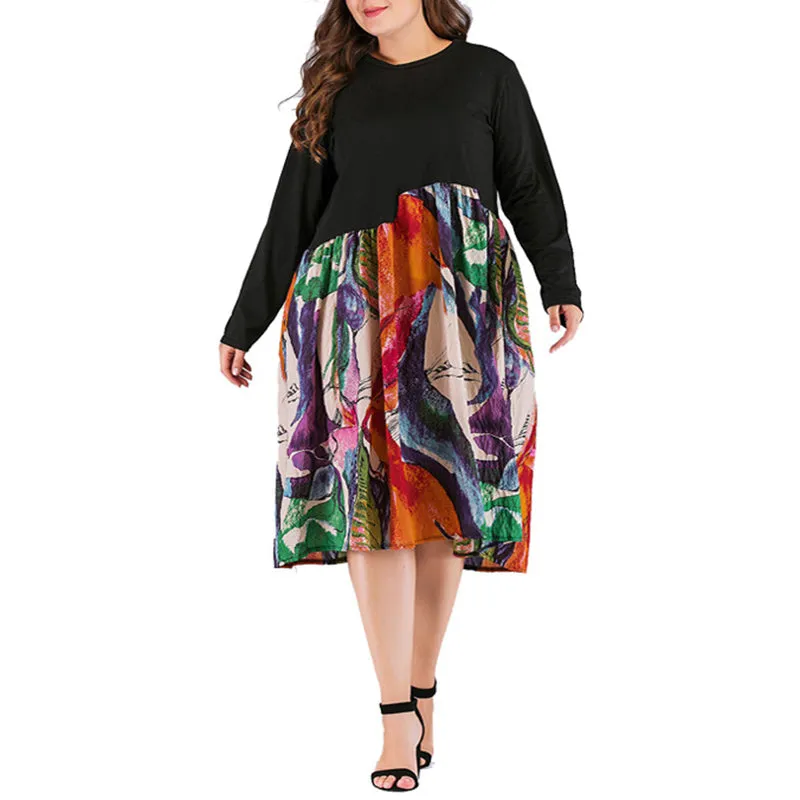 Plus Size Women's Round Neck Long Sleeve Stitching Print Dress