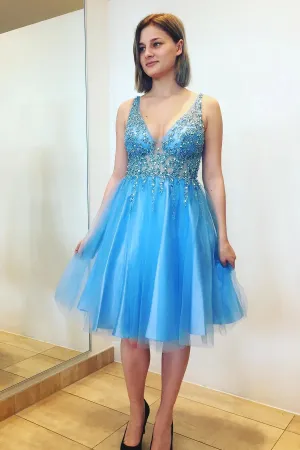 Princess Blue Homecoming Dress Short V Neck Knee Length Hoco Dress