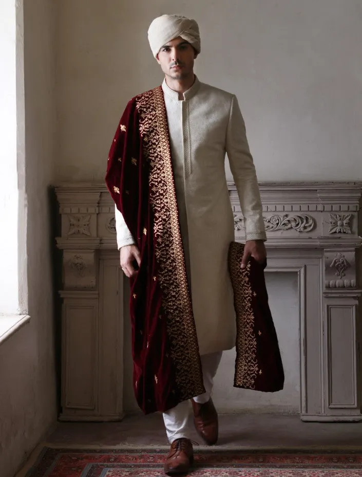 Printed White and Maroon Sherwani for Wedding #GN105