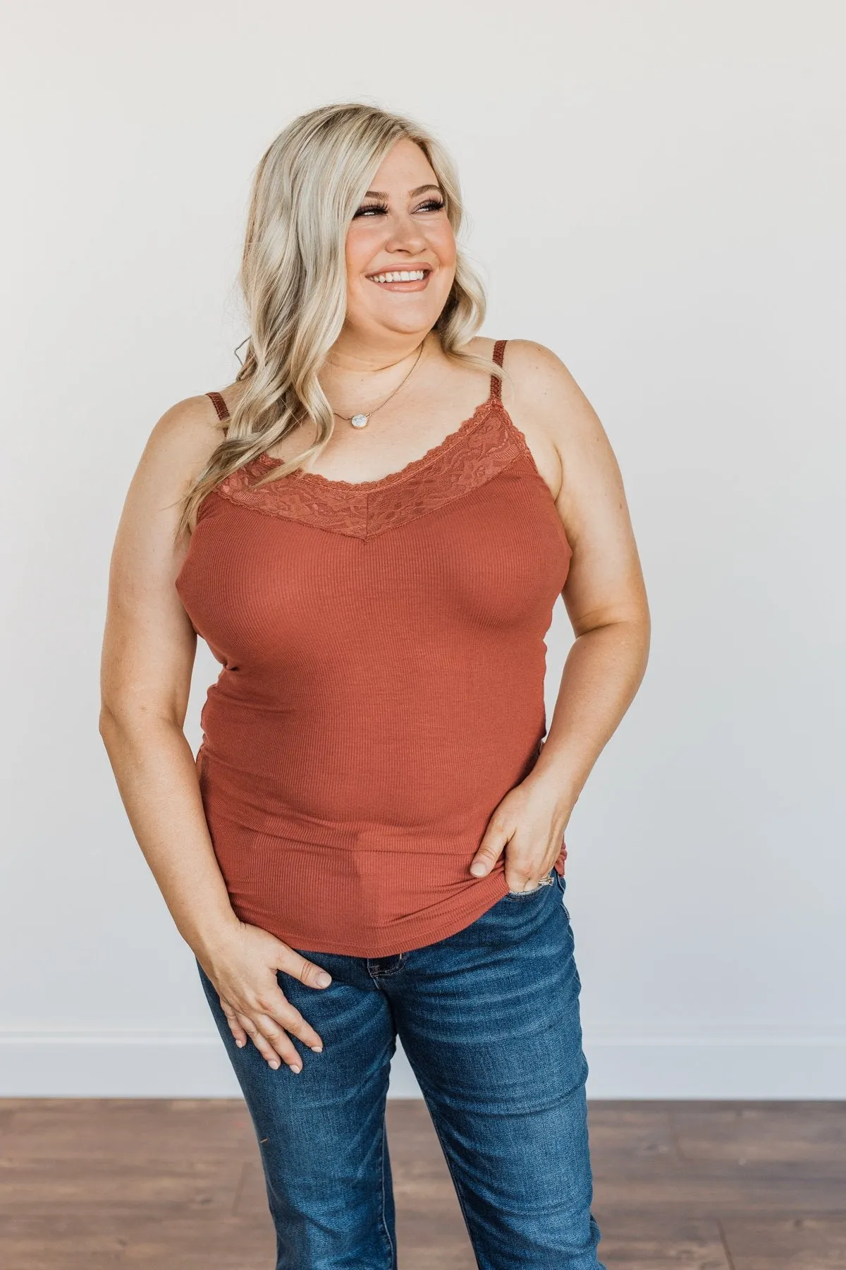 Pulse Basics Lace Trimmed Tank Top- Clay