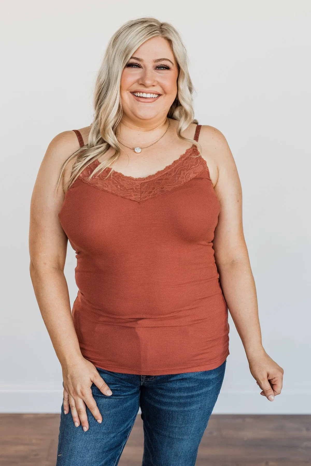 Pulse Basics Lace Trimmed Tank Top- Clay