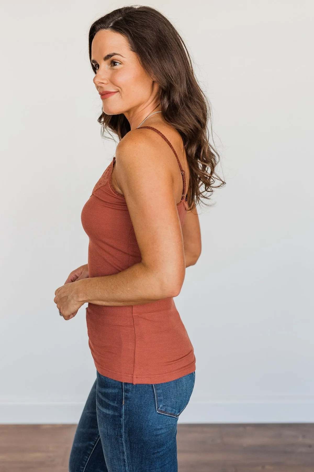 Pulse Basics Lace Trimmed Tank Top- Clay