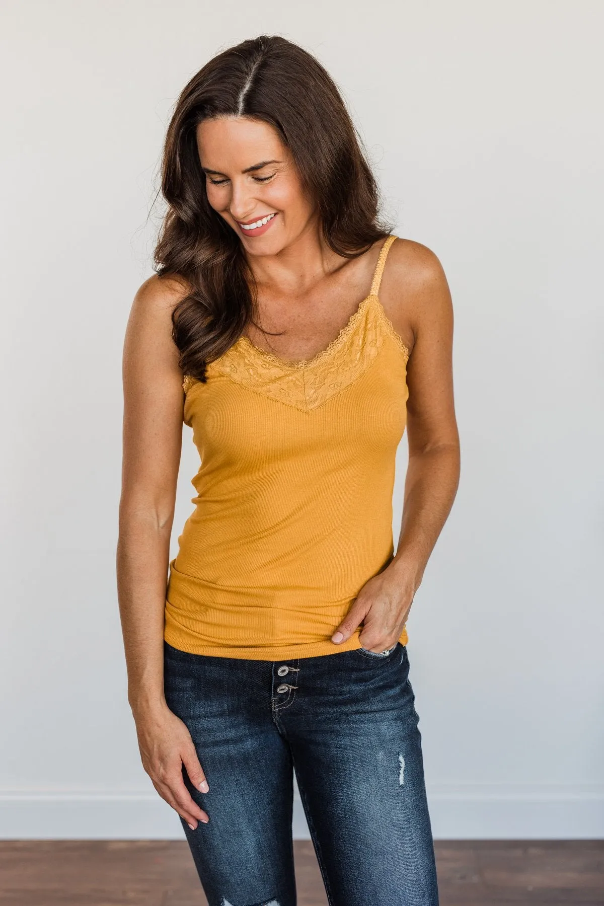Pulse Basics Lace Trimmed Tank Top- Mustard