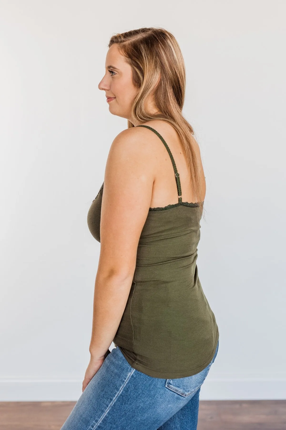 Pulse Basics Lace Trimmed Tank Top- Olive