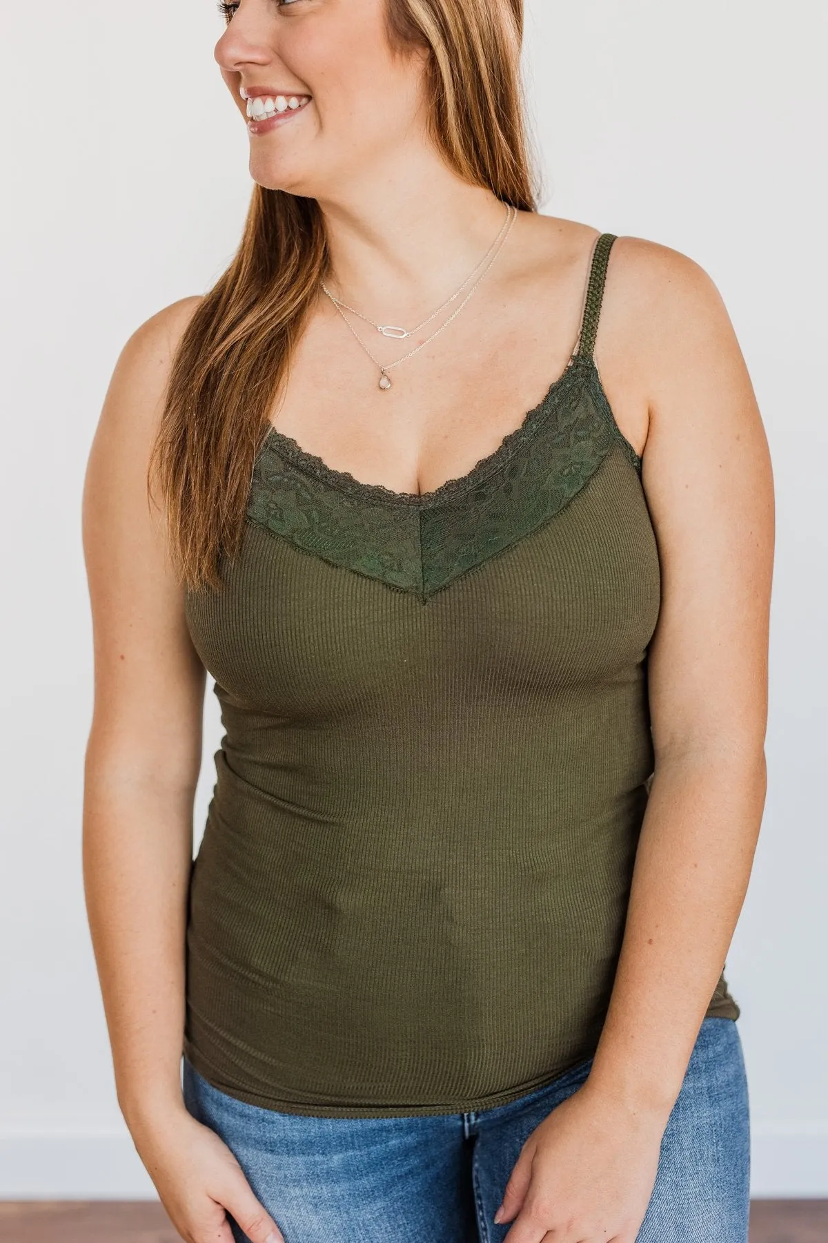Pulse Basics Lace Trimmed Tank Top- Olive