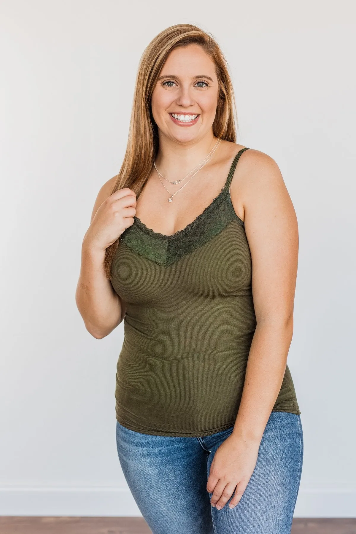Pulse Basics Lace Trimmed Tank Top- Olive