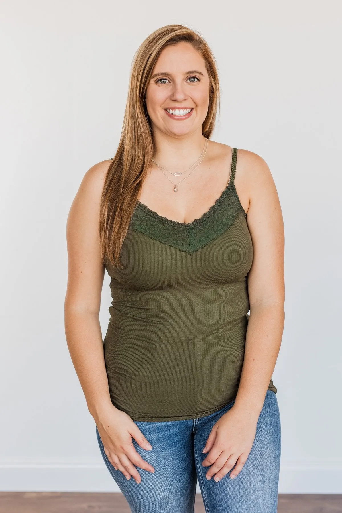 Pulse Basics Lace Trimmed Tank Top- Olive