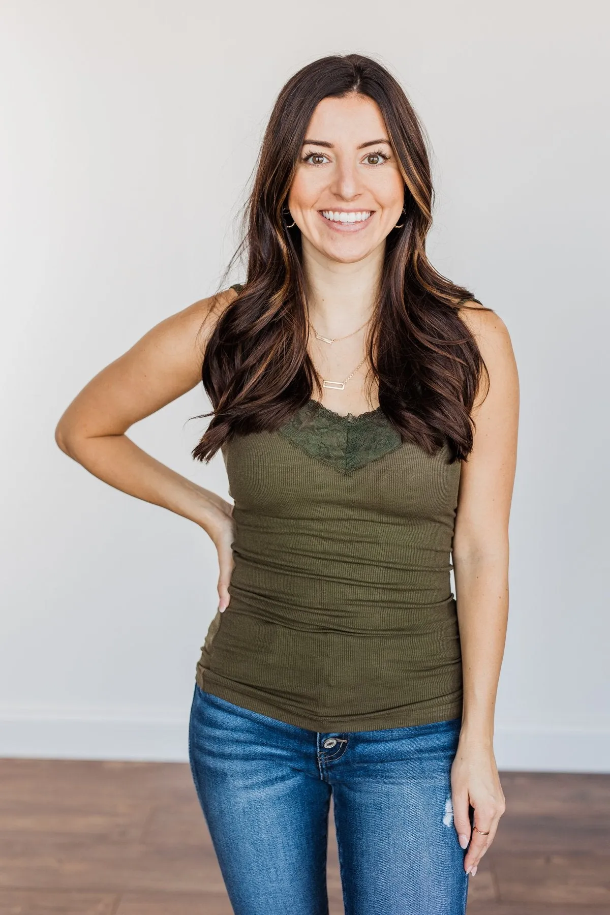 Pulse Basics Lace Trimmed Tank Top- Olive