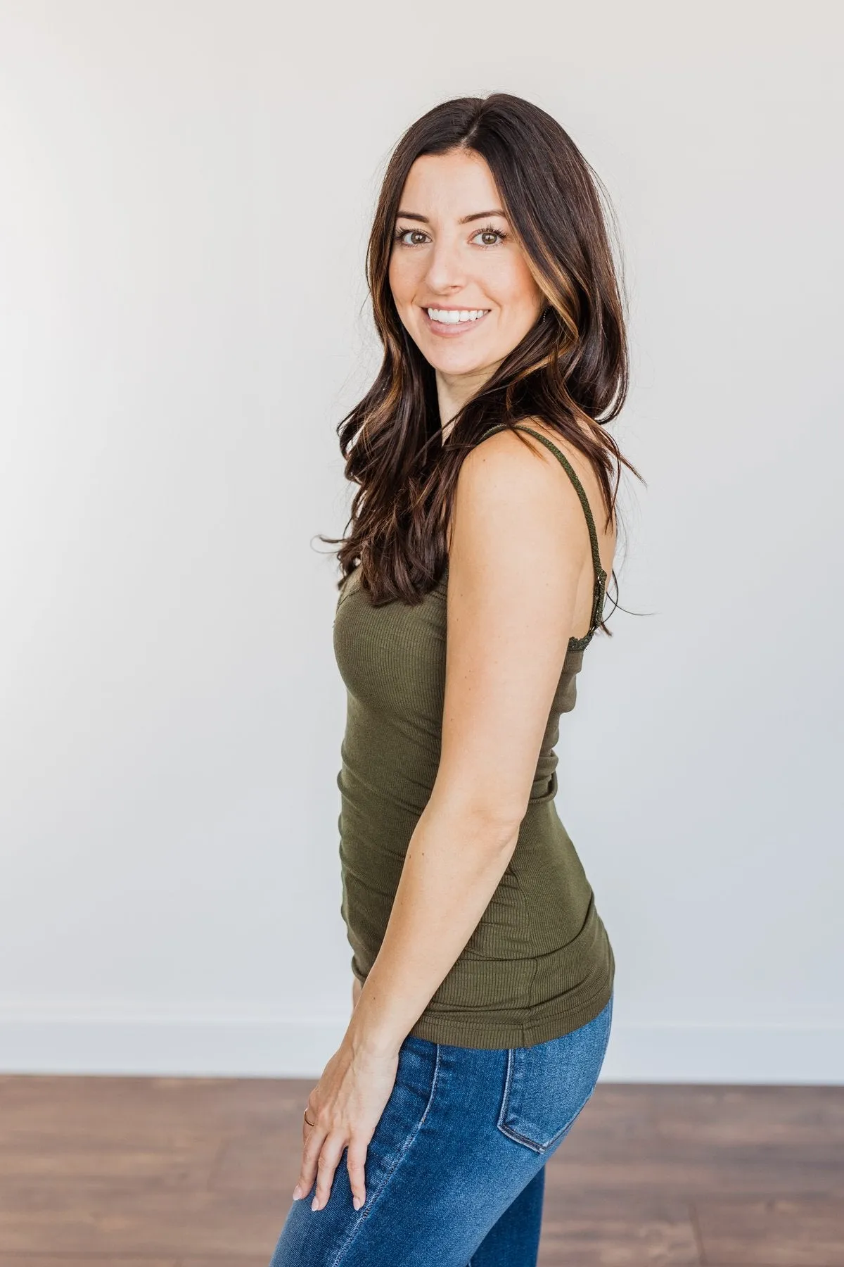 Pulse Basics Lace Trimmed Tank Top- Olive