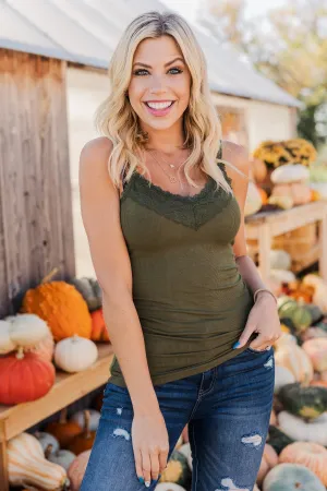 Pulse Basics Lace Trimmed Tank Top- Olive