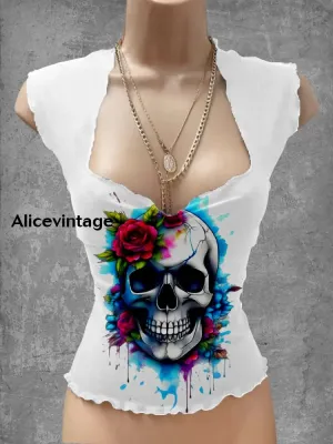 Punk Skull Art Print V-Neck Casual Top