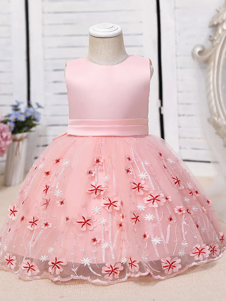 Purple Jewel Neck Cotton Tulle Sleeveless Short A-Line Embroidered Kids Party Dresses