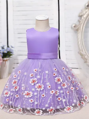 Purple Jewel Neck Cotton Tulle Sleeveless Short A-Line Embroidered Kids Party Dresses