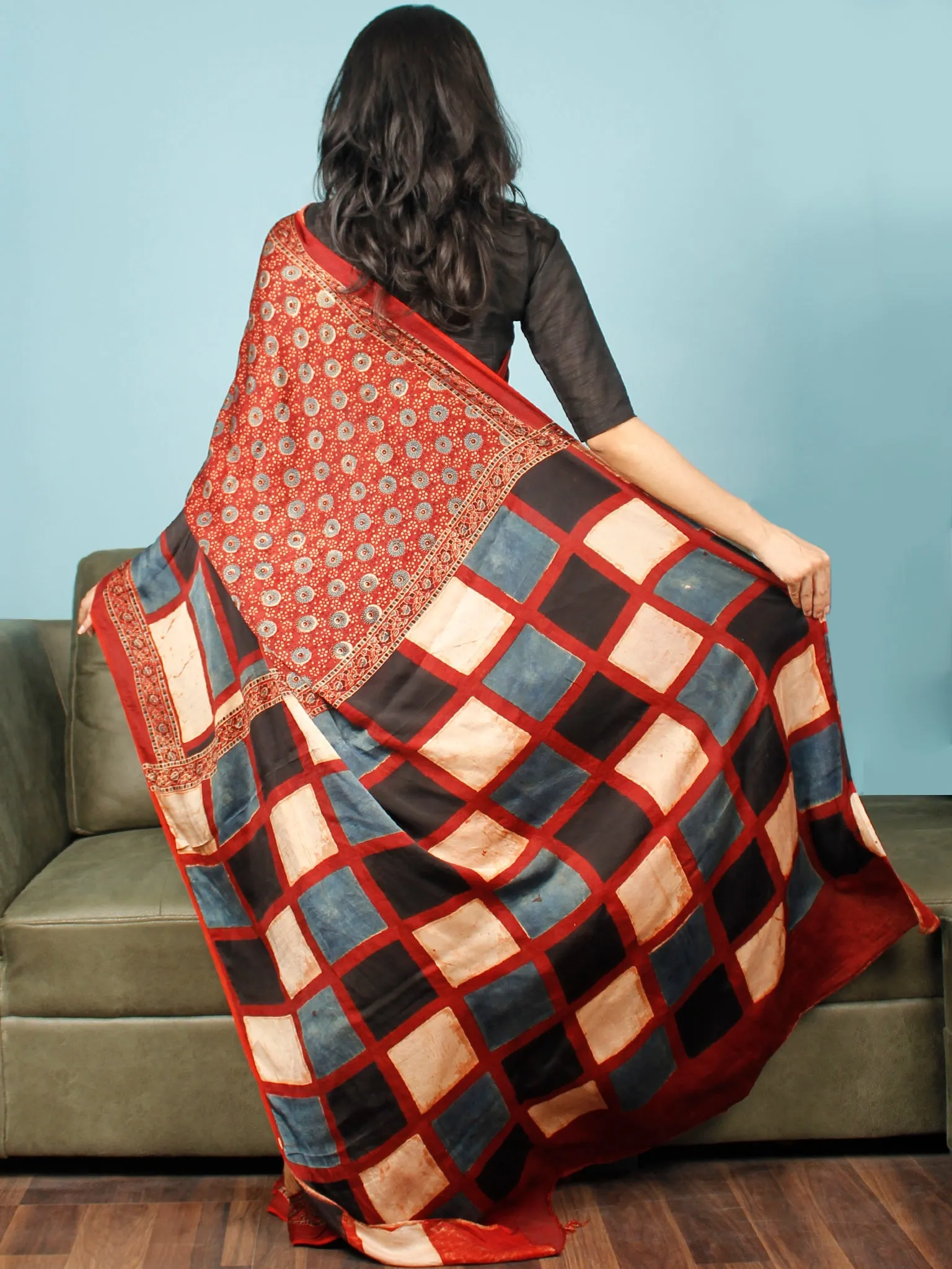 Red Indigo Ivory Black Ajrakh Hand Block Printed Modal Silk Saree in Natural Colors - S031703357