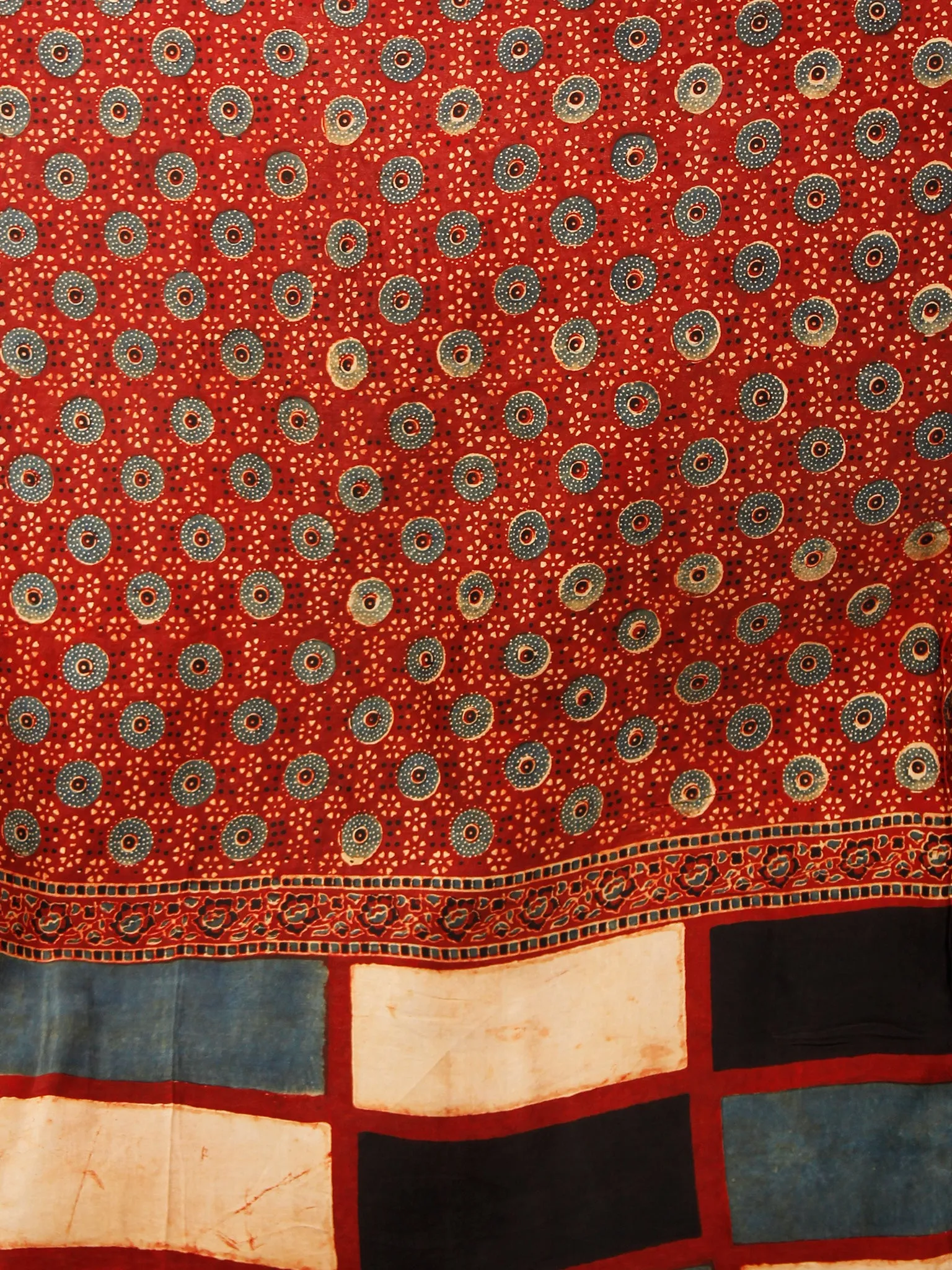 Red Indigo Ivory Black Ajrakh Hand Block Printed Modal Silk Saree in Natural Colors - S031703357