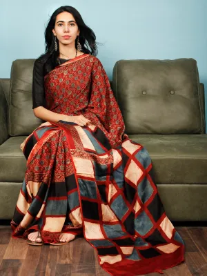Red Indigo Ivory Black Ajrakh Hand Block Printed Modal Silk Saree in Natural Colors - S031703357
