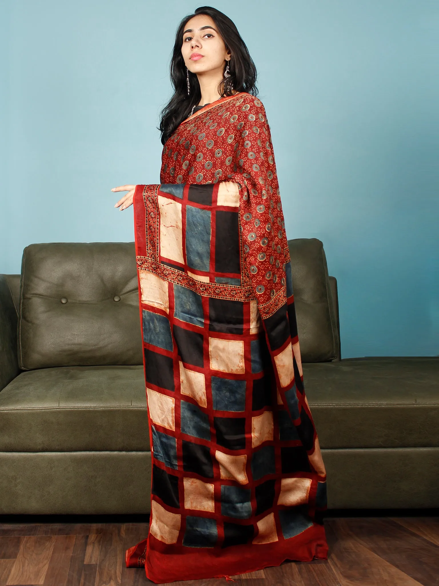 Red Indigo Ivory Black Ajrakh Hand Block Printed Modal Silk Saree in Natural Colors - S031703357