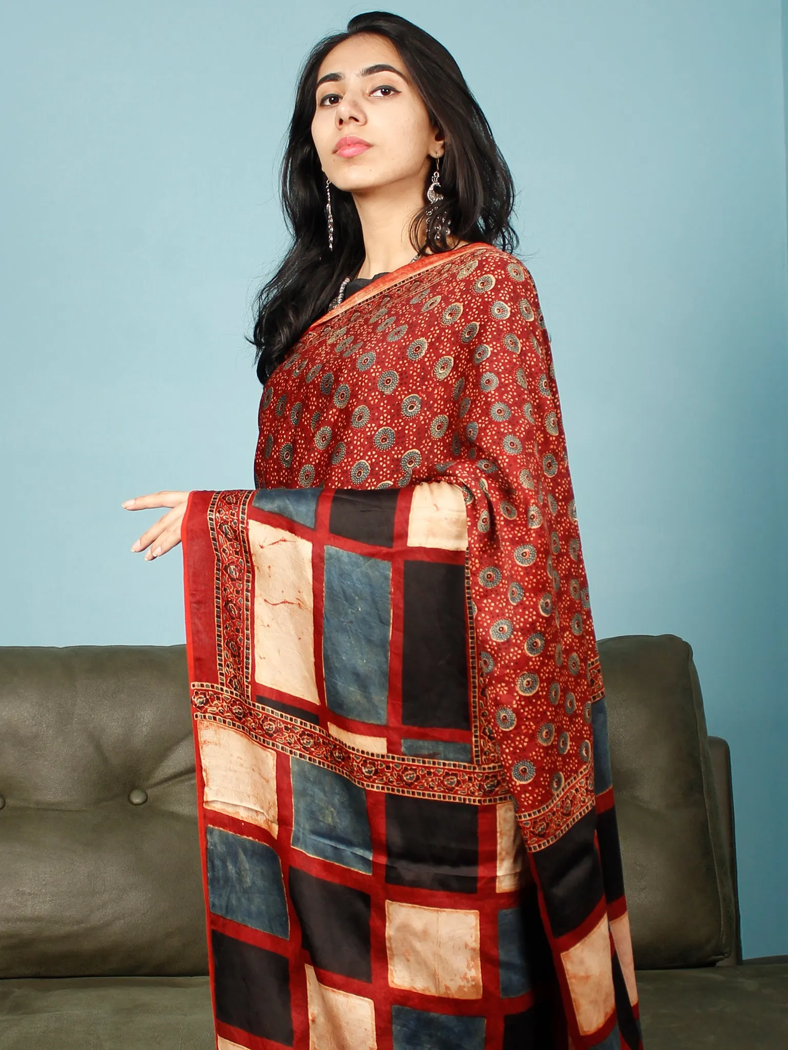 Red Indigo Ivory Black Ajrakh Hand Block Printed Modal Silk Saree in Natural Colors - S031703357