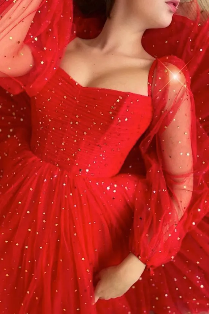 Red Tulle A Line Long Sleeves Homecoming Dress With Stars Graduation Dress OKZ51