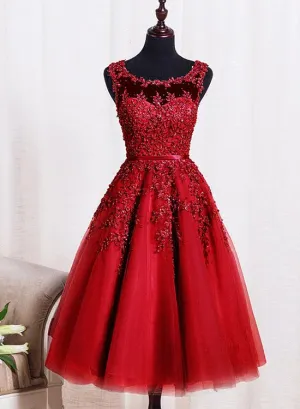 Red Tulle Tea Length Party Dresses, Prom Dresses , Red Homecoming Dresses
