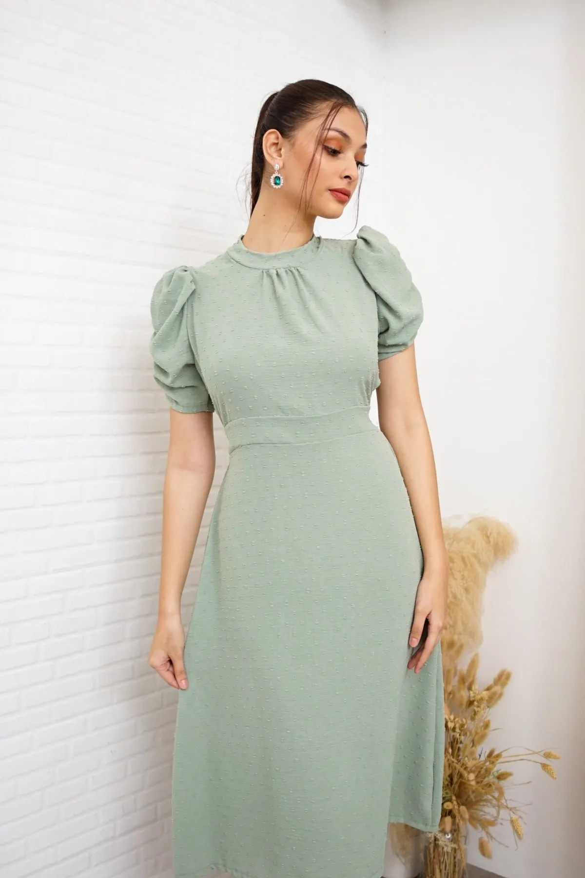 REIGN Puff-Sleeve Dobby Dot Midi Dress (Sage Green)