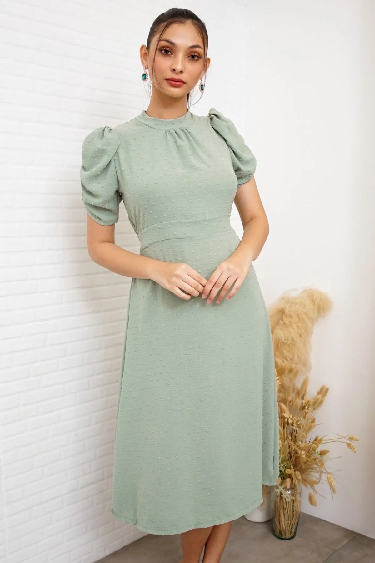 REIGN Puff-Sleeve Dobby Dot Midi Dress (Sage Green)