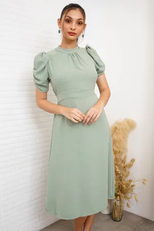 REIGN Puff-Sleeve Dobby Dot Midi Dress (Sage Green)
